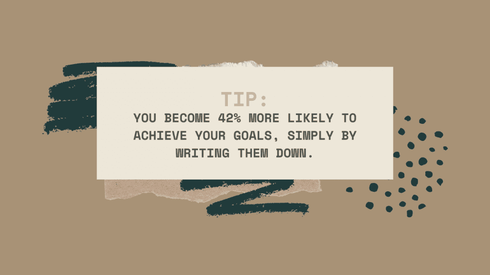 Image that reads: Tip: You become 42% more likely to achieve your goals simply by writing them down.